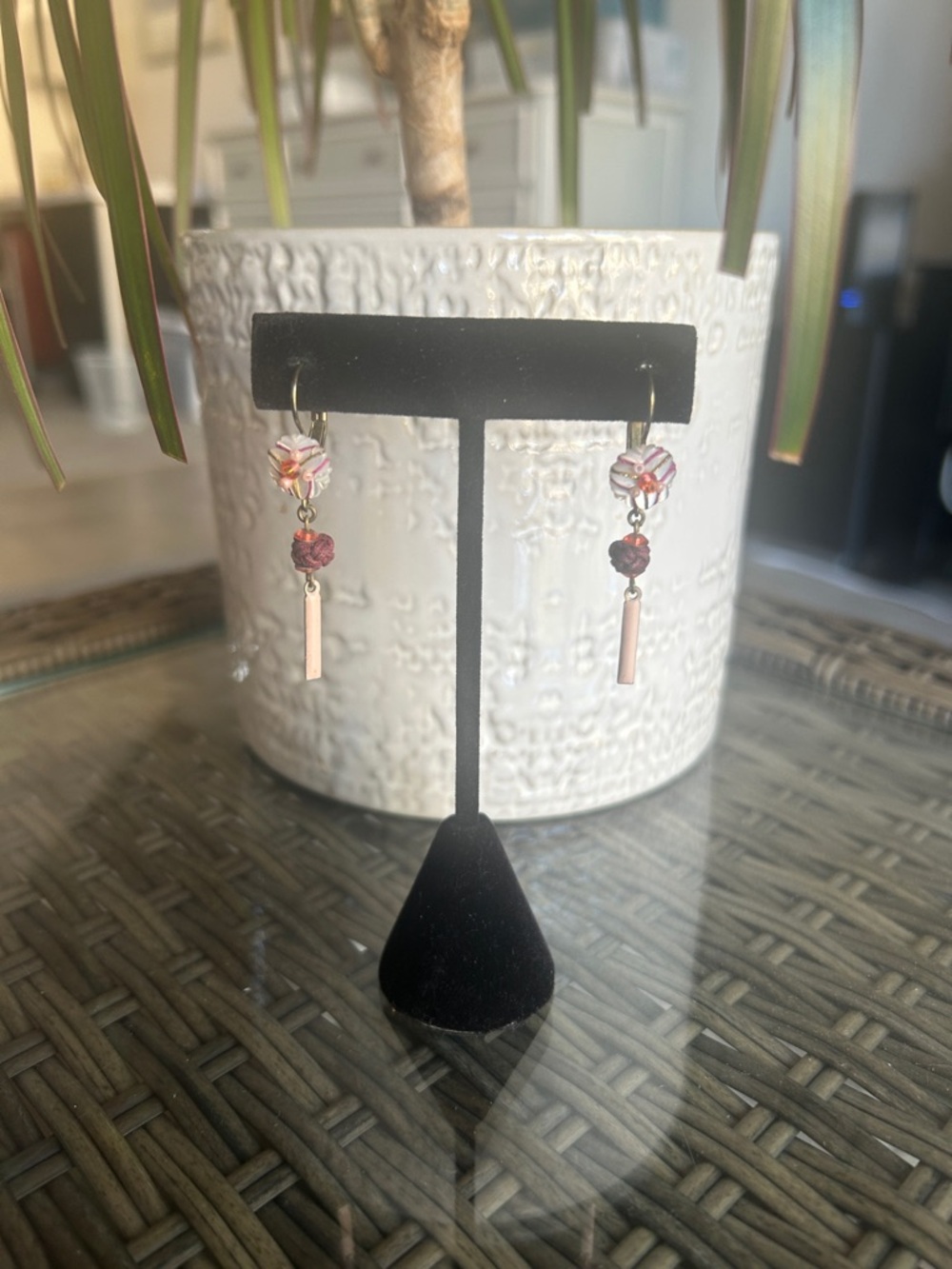 Pink Beaded Drop Earrings with Gold Accent